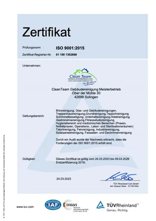ISO 9001:2015 Zertifikat, ausgestellt durch TÜV Rheinland Cert GmbH
